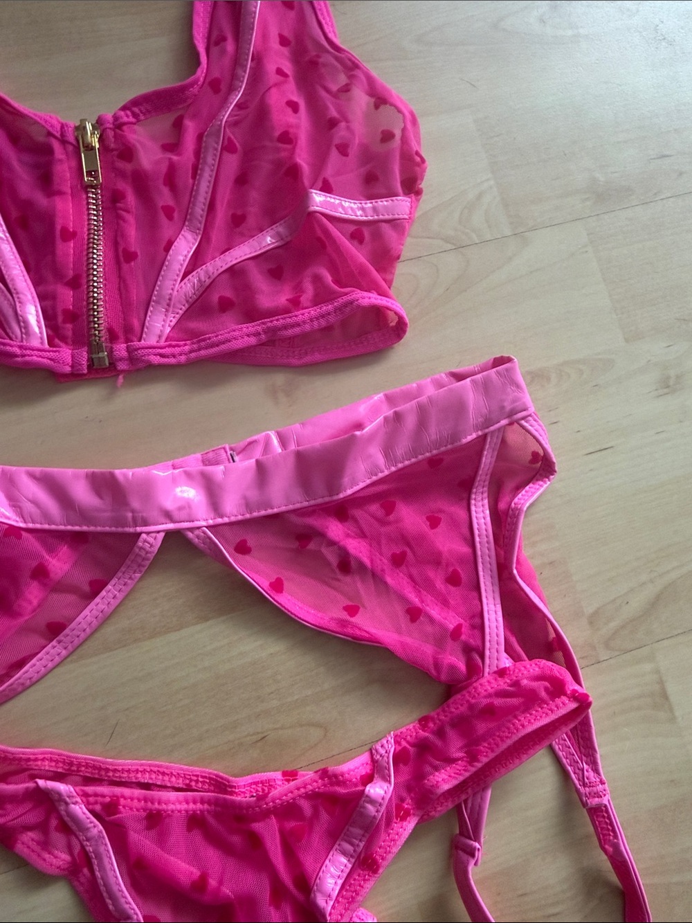 Neon Pink Sheer Heart Mesh 3-Piece Lingerie Set with Garter